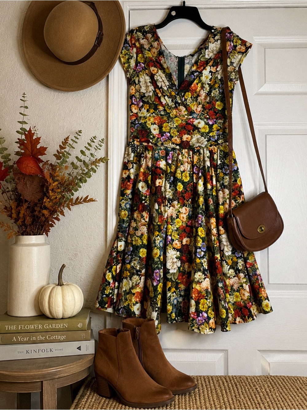 Retrolicious Black Floral Midi Dress with Yellow, Red, Cream and Green Blooms